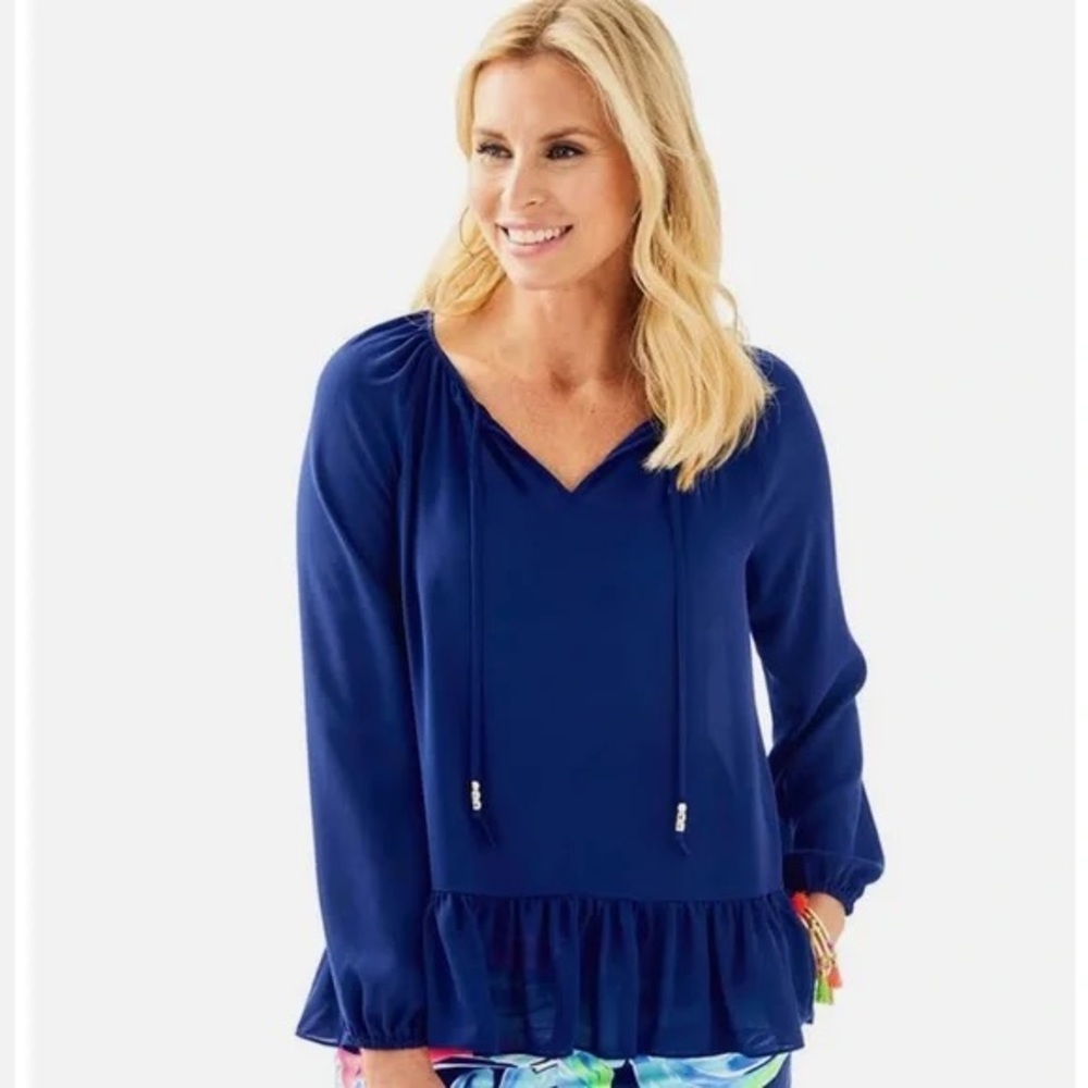 Lilly Pulitzer Tensley Ruffle‎ Flowy Ruffle Navy Top Gold Details Size XS